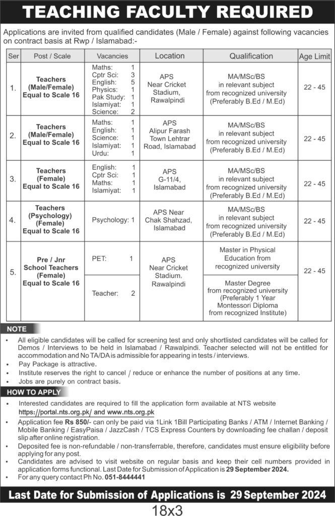 Army Public Schools and Colleges Teaching Staff Jobs September 2024