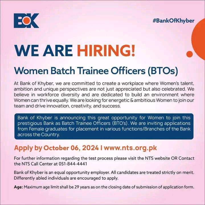 BOK Women Batch Trainee Officers Job Vacancies 2024