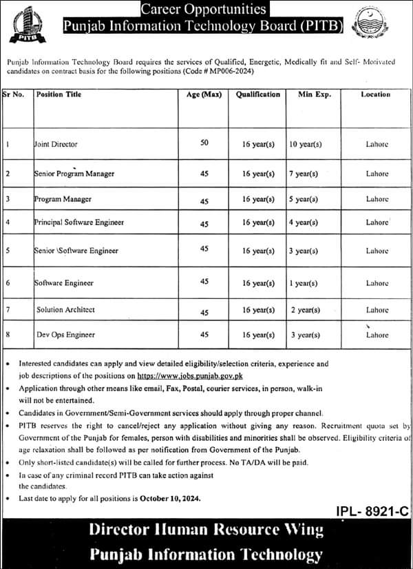 Punjab Information Technology Board (PITB Latest Jobs September 2024)